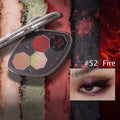 A makeup palette product shown open with three hexagonal pans in beige, muted red, and shimmering green, alongside a close-up eye makeup swatch labeled '#52 Fire' showing a purple shimmery look. The background is a textured multicolor design with red, black, and beige vertical bands.
